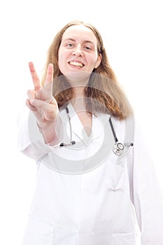 Medical doctor showing v sign photo