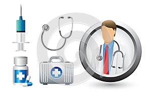 Medical doctor, tools, and icons