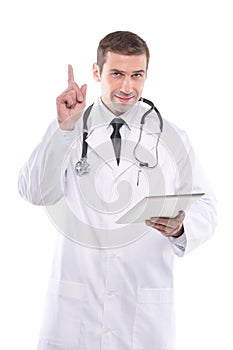 Medical doctor using digital tablet pc and poiting his finger upwards