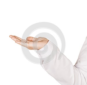 Medical doctor in white coat holding something