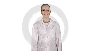 Medical doctor woman going straight on white background.