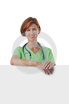 Medical doctor woman hold blank card