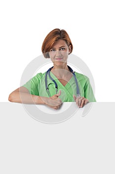 Medical doctor woman hold blank card