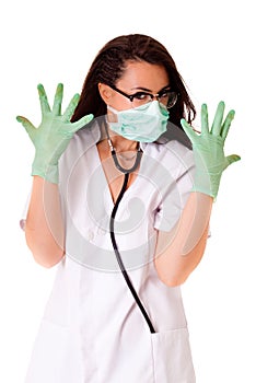 Medical doctor woman iIsolated on white background phonendoscope medical staff