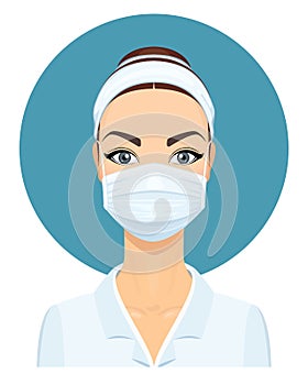 Medical Doctor Woman in Lab Coat with Surgical Face Mask. Virus Protection. Health Care Concept. Vector