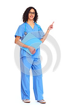 Medical doctor woman presenting copy space.