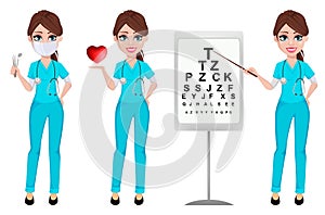 Medical doctor woman, set of three poses. Cardiologist, ophthalmologist and dentist.