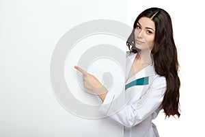 Medical doctor woman smile hold blank card board