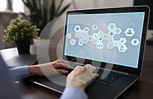 Medical doctor working with modern computer. Medicine technology healthcare concept. EMR, EHR, Electronic Health Records
