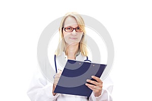 Medical doctor writing on clipboard