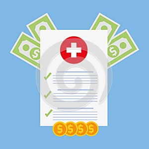 Medical document with money vector illustration, flat cartoon health insurance form with pile of money