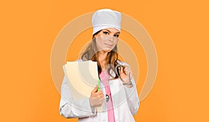 Medical documents. Doctor with stethoscope at hospital. Girl with folder. Nurse hold patient medical chart. Information