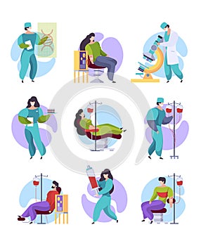 Medical donation. People helping other blood donation patient sitting on sofa garish vector illustrations collection