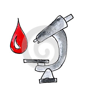 Medical Doodle line watercolor microscope, blood drop, analysis, coronavirus. Medical sketch