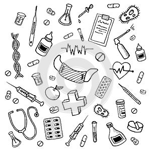 Medical doodles. Hand drawn medicine icon set. Healthcare sketched collection, pharmacy icons. Cartoon doodle objects