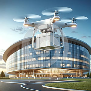 Medical drone with first-aid kit, box with the delivery of medicines on the background of clinic