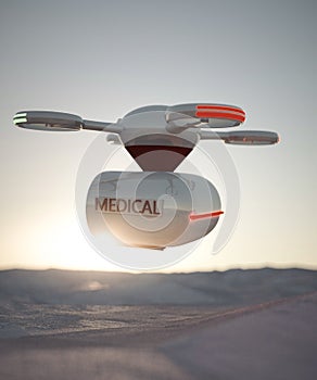 Medical drone on mountainside 3d render