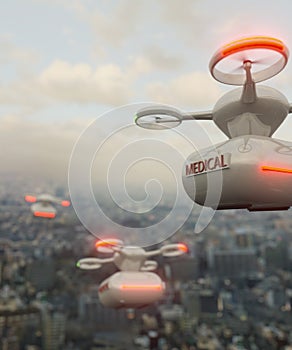 Medical drone over a city 3d render