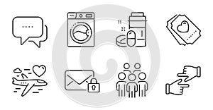 Medical drugs, Group people and Click hands icons set. Honeymoon travel, Secure mail and Washing machine signs. Vector