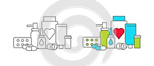 Medical drugs, pills and bottles icons in composition, line and in color sets for different illnesses