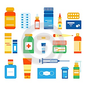 Medical drugs, tablets, capsules and prescription bottles, tube, spray.