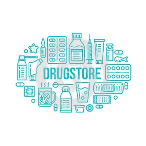 Medical, drugstore banner illustration. Pharmacy vector line icons tablet, capsules, pills, antibiotics, vitamins and