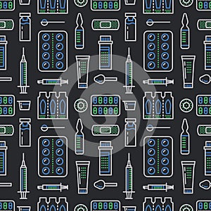 Medical, drugstore seamless pattern, medicament vector dark background. Dosage forms thin line icons - tablet, capsules photo