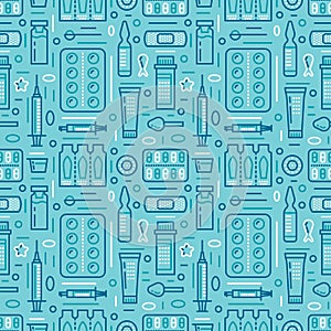 Medical, drugstore seamless pattern, pharmacy vector colored background of blue color. Medicines antibiotics, vitamins