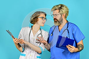 Medical education. Evidence based medicine. Doctors meeting. Doctor and nurse communicating. Virus treatment. Doctors