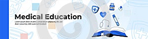 Medical Education Web Banner Design.open ledger with medicine, health and medical tools. header or footer banner