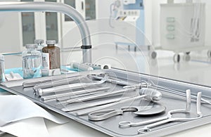 Medical equipment, devices in modern operating room. 3D illustration.