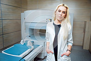 Medical equipment. Doctor in MRI room at hospital