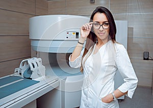 Medical equipment. Doctor in MRI room at hospital