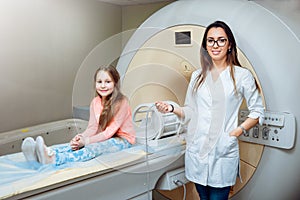 Medical equipment. Doctor and patient in MRI room