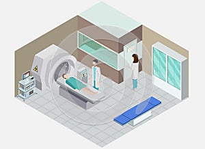 Medical equipment isometric composition with view of hospital room with people and apparatus for nuclear medicine procedure vector