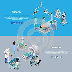 Medical equipment isometric set of two horizontal banners with read more button editable text and images vector illustration