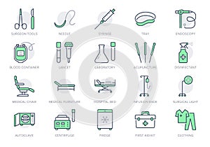 Medical equipment line icons. Vector illustration include icon - blood bag, scalpel, medical furniture, needle