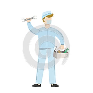 Medical equipment maintenance. Man in uniform with tools for repairing of medical equipment. Vector illustration