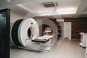 Medical equipment in modern hospital room. Magnetic resonance imaging (MRI) scanner. Generative AI