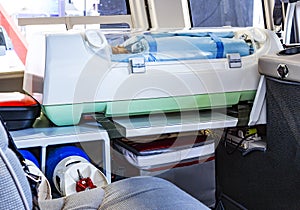 Medical equipment for resuscitation in helicopter. Emergency life support technique. Air rescue service. Medicine and health care