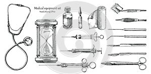 Medical equipment set hand drawing vintage style