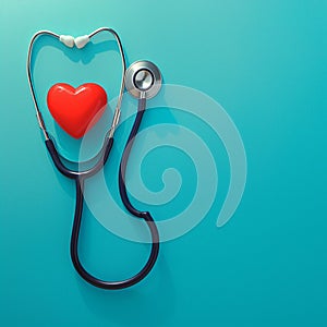 Medical equipment stethoscope and red heart on pastel blue