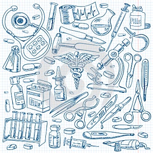 Medical equipments and tools in the freehand drawing style