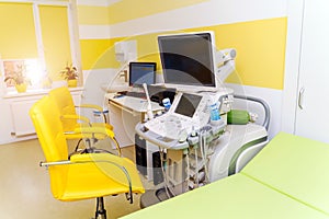 Medical equipments for ultrasonic diagnostics in a clinic room. Modern ultrasound apparatus in a hospital