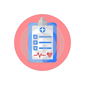 Medical exam clipboard flat icon. Round colorful button, circular vector sign, logo illustration.