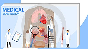 Medical examination. The concept of mini people conducting medical examinations of human organs. Man with magnifying glass,