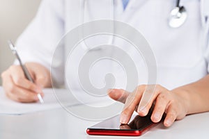 Medical examination and doctor analyzing medical report network connection on tablet screen