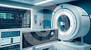 medical examination technology of future. Medical equipment of future. MRI scan machine, future medicine concept. human enhanced.