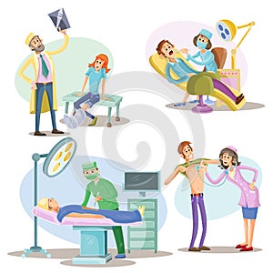 Medical examination and treatment vector illustration of patients and doctors at hospital surgeon, dentist and therapist