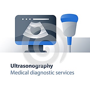 Medical examination, ultrasound investigation, ultrasonography concept, focused abdominal sonogram for trauma, health check up photo